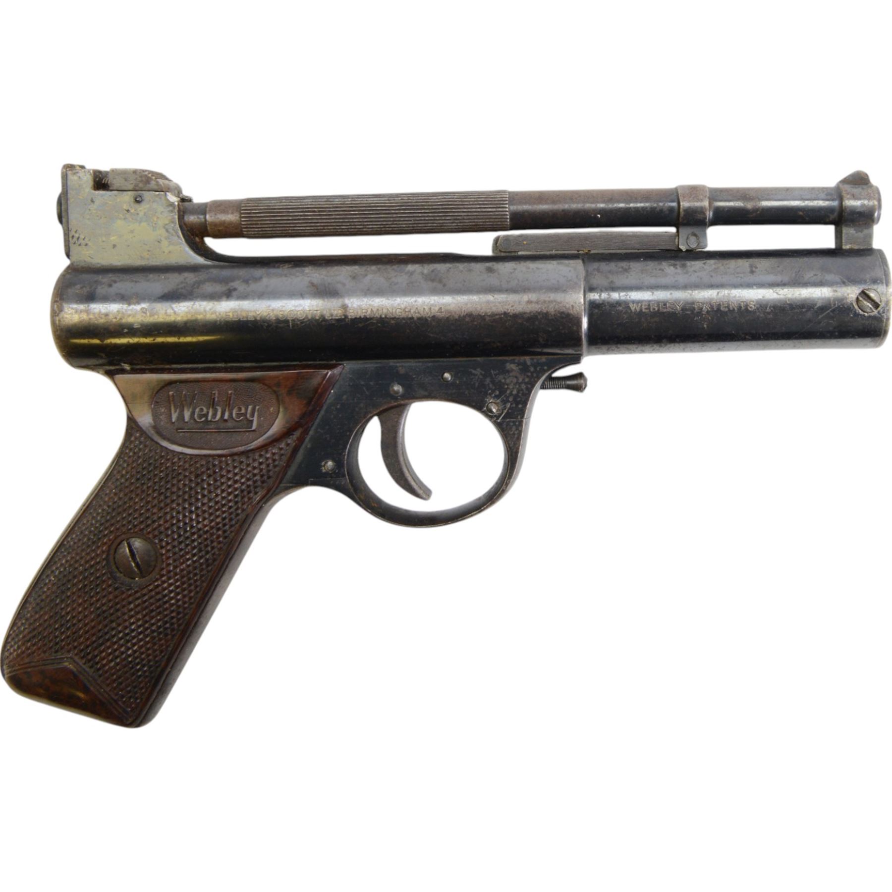 Webley Mark I .22 air pistol, batch 084, the air chamber marked 'The Webley Mark I Made in England, Webley & Scott Ltd Birmingham 4, Webley Patents', with brown checkered grip, H14cm, L19cm