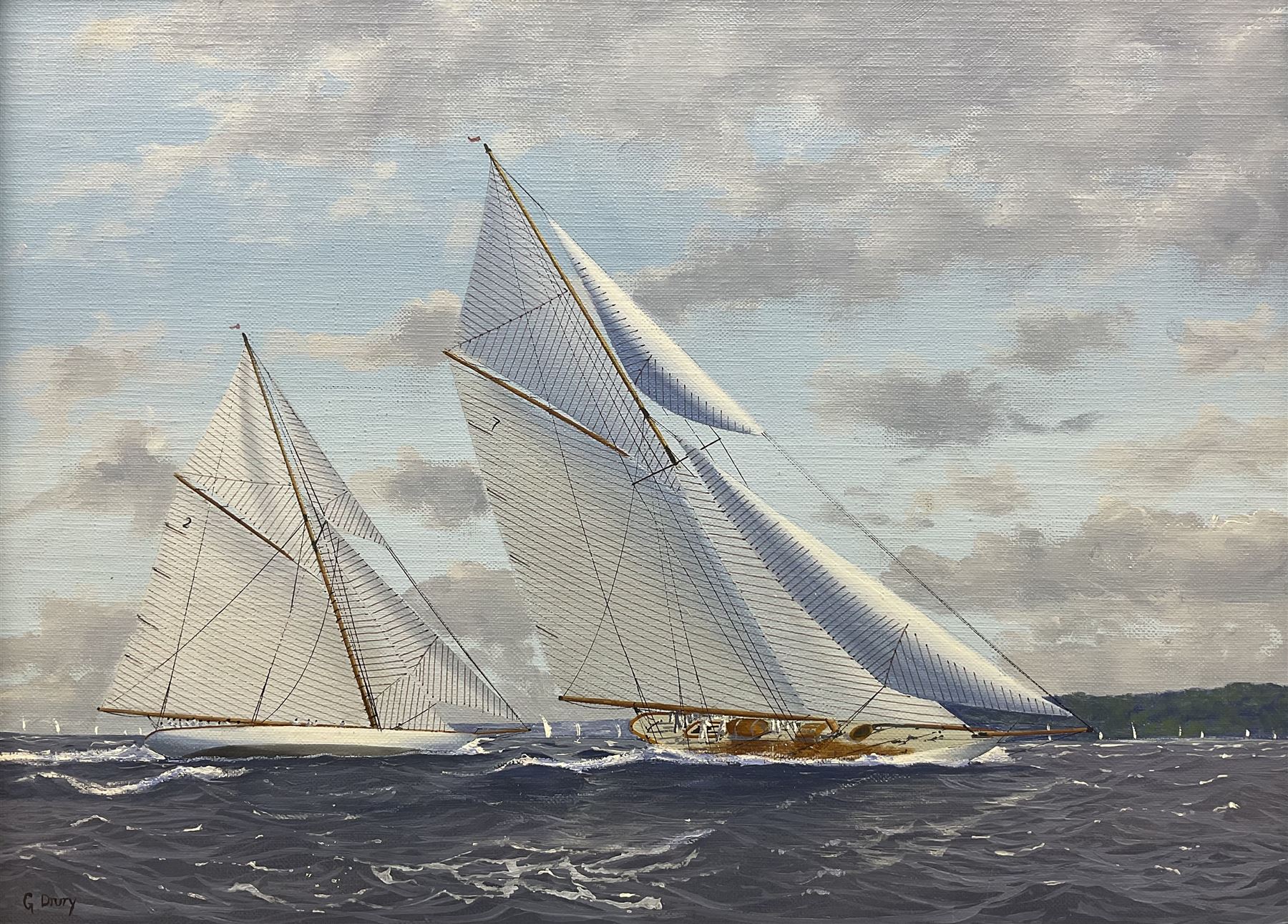 George Drury (British 1950-): 'White Heather II Leads Lulworth - 1927 Season', oil on board signed, titled verso 28cm x 38cm 