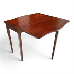 Regency period inlaid mahogany serpentine-fronted fold-over tea table, the shaped rectangular top with ebony-strung edge over a banded frieze with repeating lozenge inlaid banding, on square tapering supports