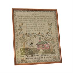 George IV sampler by Mary Wood aged nine, depicting verse titled The Rose, 'O lovely rose thou queen of flo'wrs Emblem of virtue lovely rose, Too soon will fly thy fleeting hours Come in my bosom here repose And soon thy beauty fad away Let goodnfs there for ever dwell But they sweet scent will ne'er decay And ev'ry sinful palsion quell That when I mingle with the dust And all this earthly form is lost I then may soar into the sky And join the choir of saints of high', above a fruiting vine and scene with cottage, beehives and trees, detailed 'Mary Wood finished this work in her 9 year in remembrance of a friend', within a vine border, within an oak frame under glass, sampler 31cm x 26.5cm, 