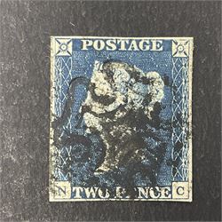 Great Britain Queen Victoria penny black stamp with red MX cancel and 1840 two pence blue stamp with black MX cancel