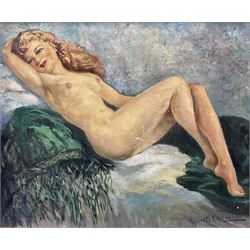 Roberte Chevalier (French 1907-2000): Reclining Female Nude 'Châle Vert', oil on canvas signed, titled verso 45cm x 54cm