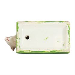 Pair of rare early 19th century Staffordshire pottery figures, circa 1820, modelled as mice resting upon green rectangular bases, H3.5cm L9cm

Footnote: Figures such as these are very rare, few examples have survived and are thought to have been played with as toys
