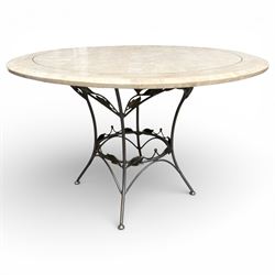 Wrought iron garden dining table with leaf decoration, and set of four matching chairs