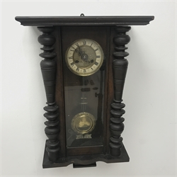 Late 19th century Vienna style wall clock, walnut and beech cased, turned half columns, twin train movement striking on coil, H68cm (with pendulum)