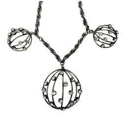 Joseff of Hollywood, circa 1950s metal and white paste necklace, with three graduated pendant drops set with white paste, to a Prince of Wales chain, signed with round script tag