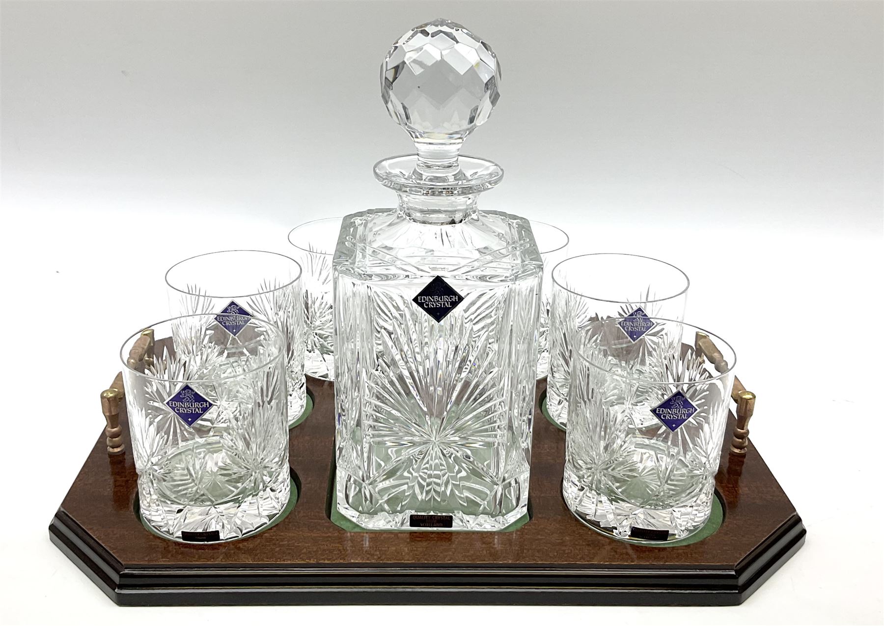 Edinburgh Crystal set, comprising square decanter, six old fashioned tumblers on a gallery tray, together with Edinburgh crystal water jug. 