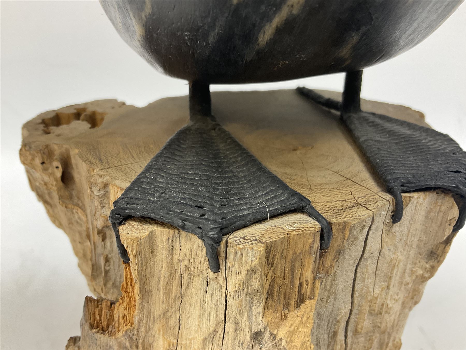 Wooden sculpture of Cormorant aquatic bird on a naturalistic wooden plinth, H46cm