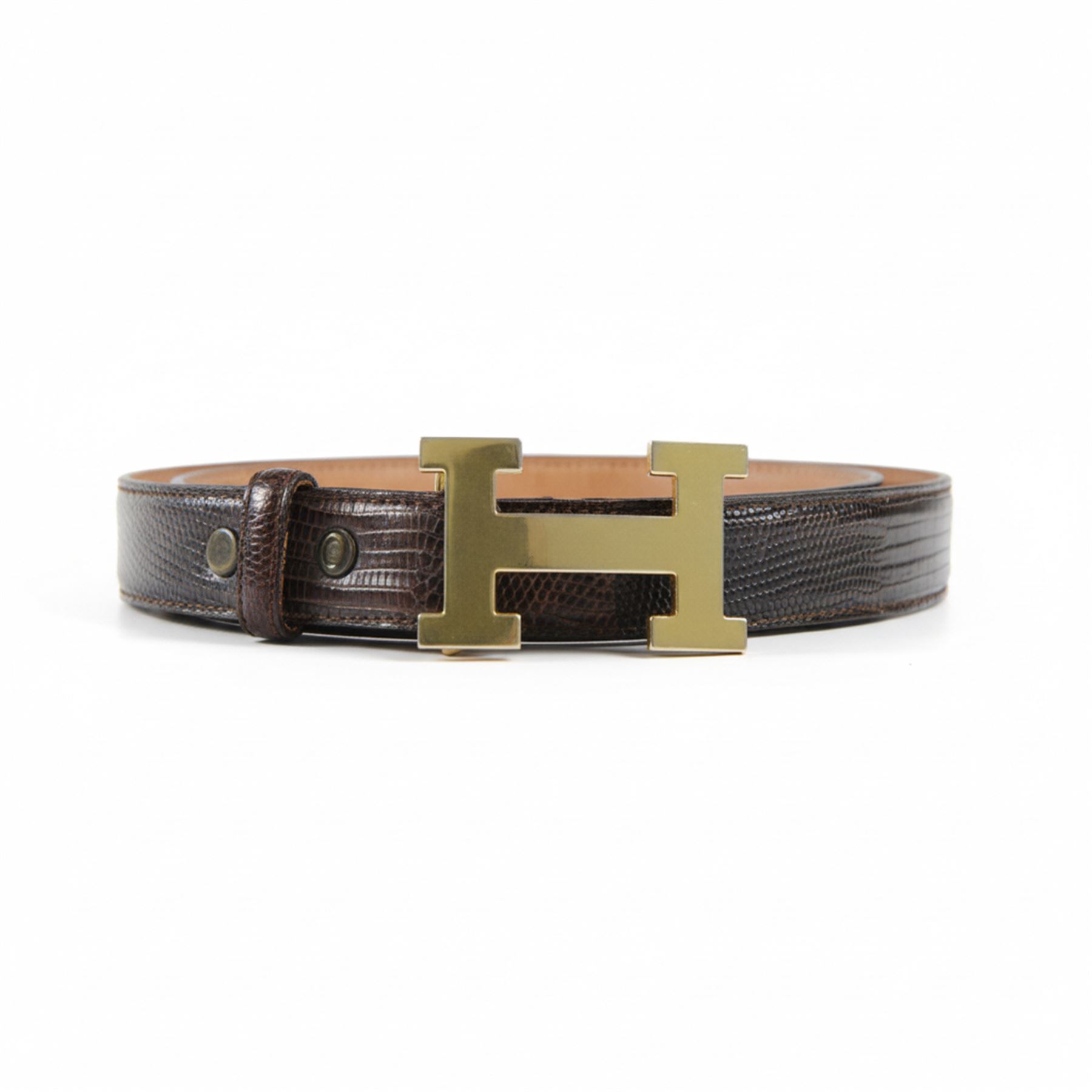 Tiffany & Co. brown lizard leather belt, stamped Tiffany & Co., Genuine Lizard, Made in USA, fitted with an Hermes style gold-tone H-shaped buckle, belt length 123cm