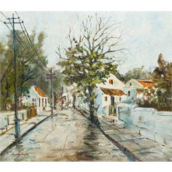 Eugene Hurter (South African 20th century): Street Scene, oil on board signed 43cm x 49cm (unframed)