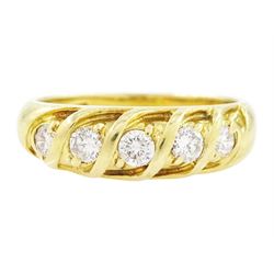 18ct diamond five stone ring, five round brilliant cut diamonds set within a twisted setti...