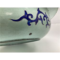 18th/19th century Chinese Canton enamel basin, the circular basin with flat everted rim, decorated with scrolling foliate and fruit decoration on a blue ground, D43cm