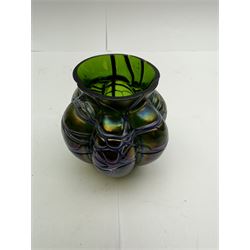 Three Austrian Art Nouveau Kralik iridescent glass vases, to include two of squat baluster form and a taller example, all green with threaded vein decoration to body, tallest H13.5cm