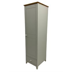 Single wardrobe cupboard, with drawer, finished in duck egg blue with oak cornice