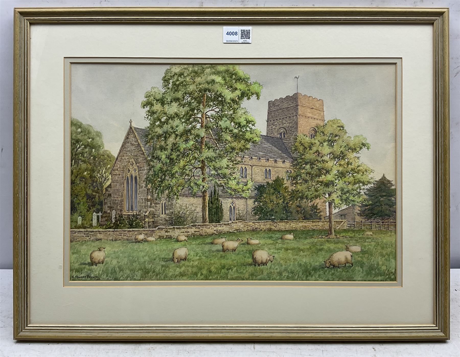 Nathan Stanley Brown (British 1890-1980): St. Matthews Church Hutton Buscel from Church Meadows and another North Yorkshire Church, two watercolours signed one dated 1944, 29cm x 44cm & 19cm x 31cm (2) 
Notes: the view of St Matthews is taken from an earlier photograph