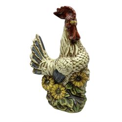 Large ceramic cockerel with sunflowers around the base, H40cm.  