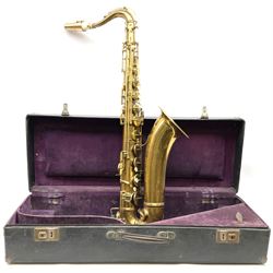 Brass tenor saxophone by Adolphe SAX, 84 Rue Myrha, Paris,  No.938 serial number 12097, H75cm excluding crook; in hard carrying case bearing plaque for Henri Selmer