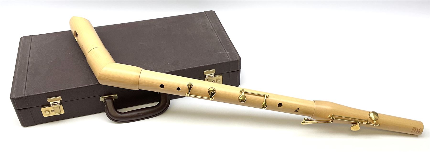 Moeck Flauto Leggero 253LK Knickbass Barock four-piece maple recorder with angled neck piece, cased.