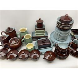 Denby dinner and tea wares, comprising largely Homestead pattern, to include dinner plates, salad plates, serving plates and dishes, bowls, teapot, coffee pot, hot water pot, teacups, saucers, milk jug, etc. 