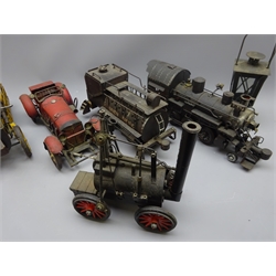  Four scratch built tin-plate static models of locomotives, similar model of a vintage car and small lantern on wire-work stand (6)  