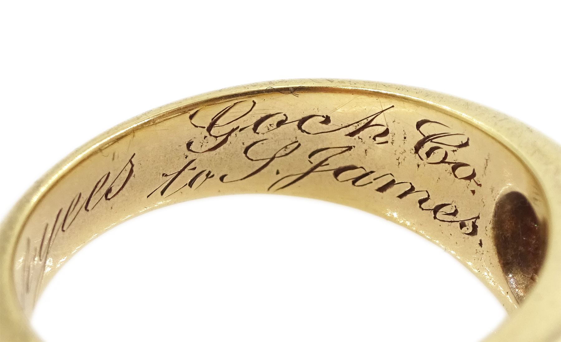 Early 20th century gentleman's gold gypsy set, three stone old cut diamond ring, stamped 18ct, principal diamond approx 1.20 carat, total diamond weight approx 2.50 carat