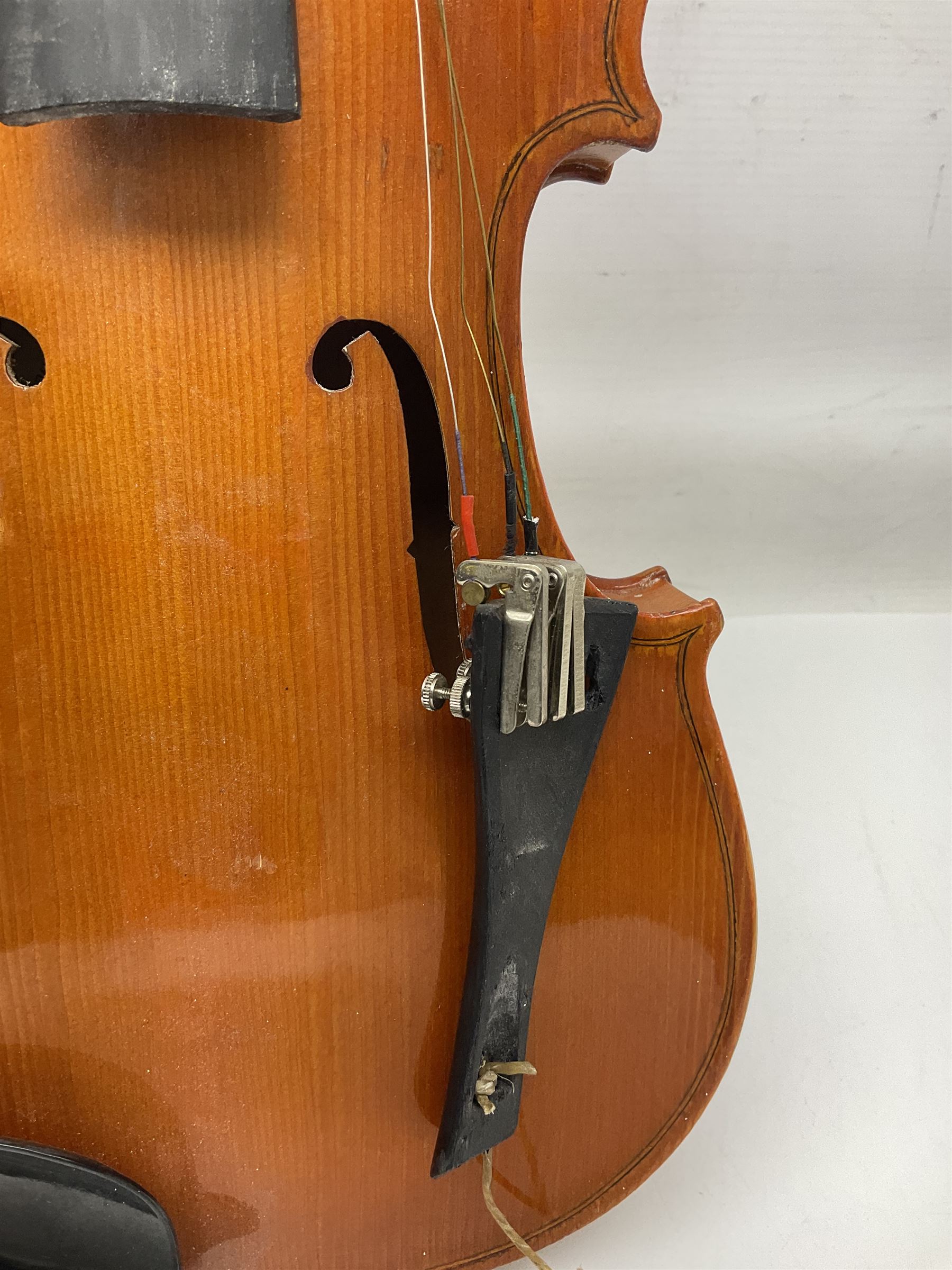 Four student violins - two Chinese three-quarter size with 33.5cm and 34cm two-piece backs; Stringers of Edinburgh quarter size with 28cm two-piece back; and Stentor quarter size with 28cm two-piece back; each in carrying case (4)