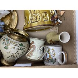 Burleighware jug, two Austrian ceramic jugs with retro print, with similar coffee cans and preserve pot, Duchess Violetta pattern tea wares, EPNS and other metal flatware and a collection of other ceramics and glassware, etc, in two boxes 