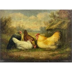 A Jackson (British 19th century): Farmhouse Chickens, oil on mahogany panel signed and dated '86,  18cm x 24cm (unframed)