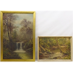  Woodland Waterfall, 19th century oil on canvas signed H Williams 75cm x 49.5cm  and Wooded River scene, watercolour signed by Margaret A Heath (fl.1886-1914)  37cm x 54cm (2)  