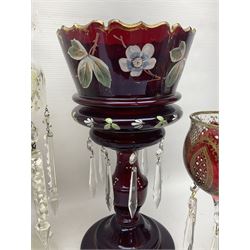 Bohemian red glass lustre, painted with stylised floral and foliate decoration, together with a milk glass example and two bohemian goblets converted to lustres 