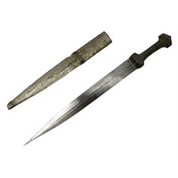 19th century Khanjali dagger, 33.5 cm double edged fullered blade with stamped makers marks, ornate cast grip, with engraved white metal scabbard, 46cm overall