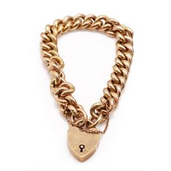 Early 20th century 9ct rose gold curb link bracelet, with heart locket clasp, links stamped