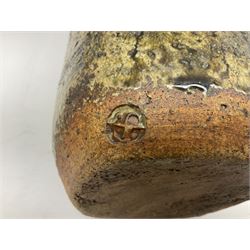 Janet Leach (American, 1918-1997) for Leach Pottery; studio pottery Bizen style vase of tapering form, the stoneware body decorated in a mottled green and brown dripped ash glaze, with impressed J.L. monogram and stamp marks beneath, H30cm
