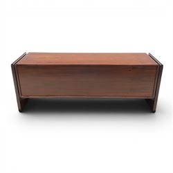 Dyrlund - contemporary Santos rosewood office sideboard of minimalist form with clean lines, rectangular top with integrated side supports, left side with two drawers, and right side with a filing drawer, all enclosed by tambour sliding doors