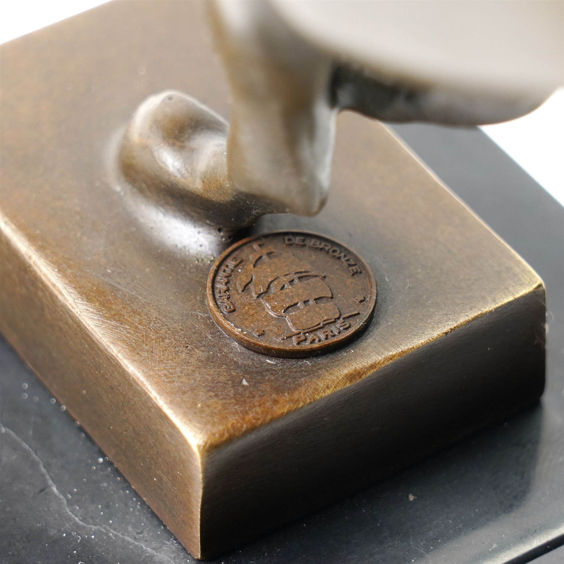 Bronze figure of running cheetah, upon a rectangular marble base, signed and with foundry mark, H20cm