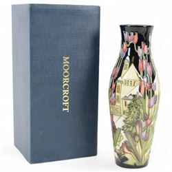 Moorcroft vase of baluster form, decorated with Town of Flowers pattern, designed by Kerry Goodwin, with printed and painted marks beneath, in original box, H26cm