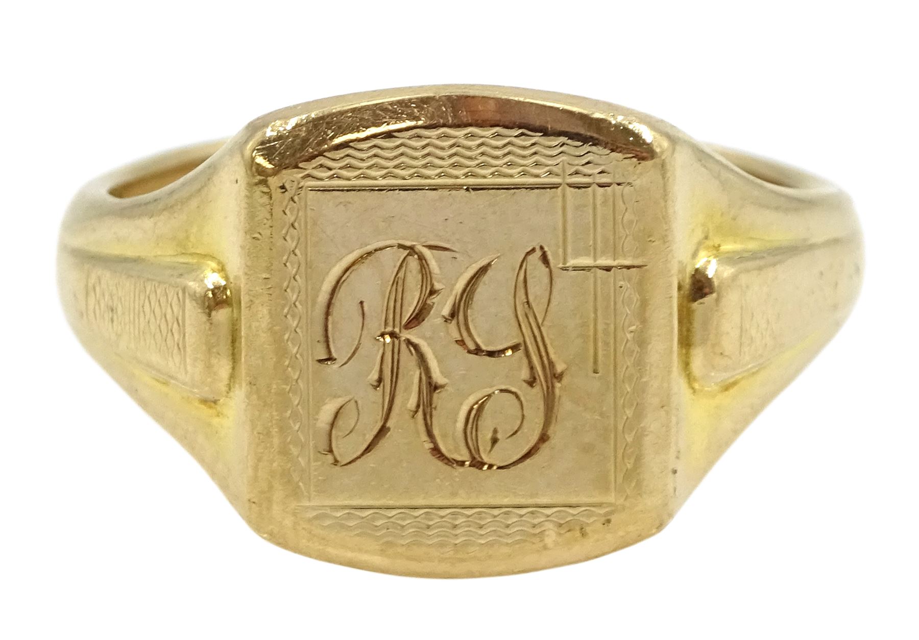 9ct gold signet ring with engraved R S initials, hallmarked