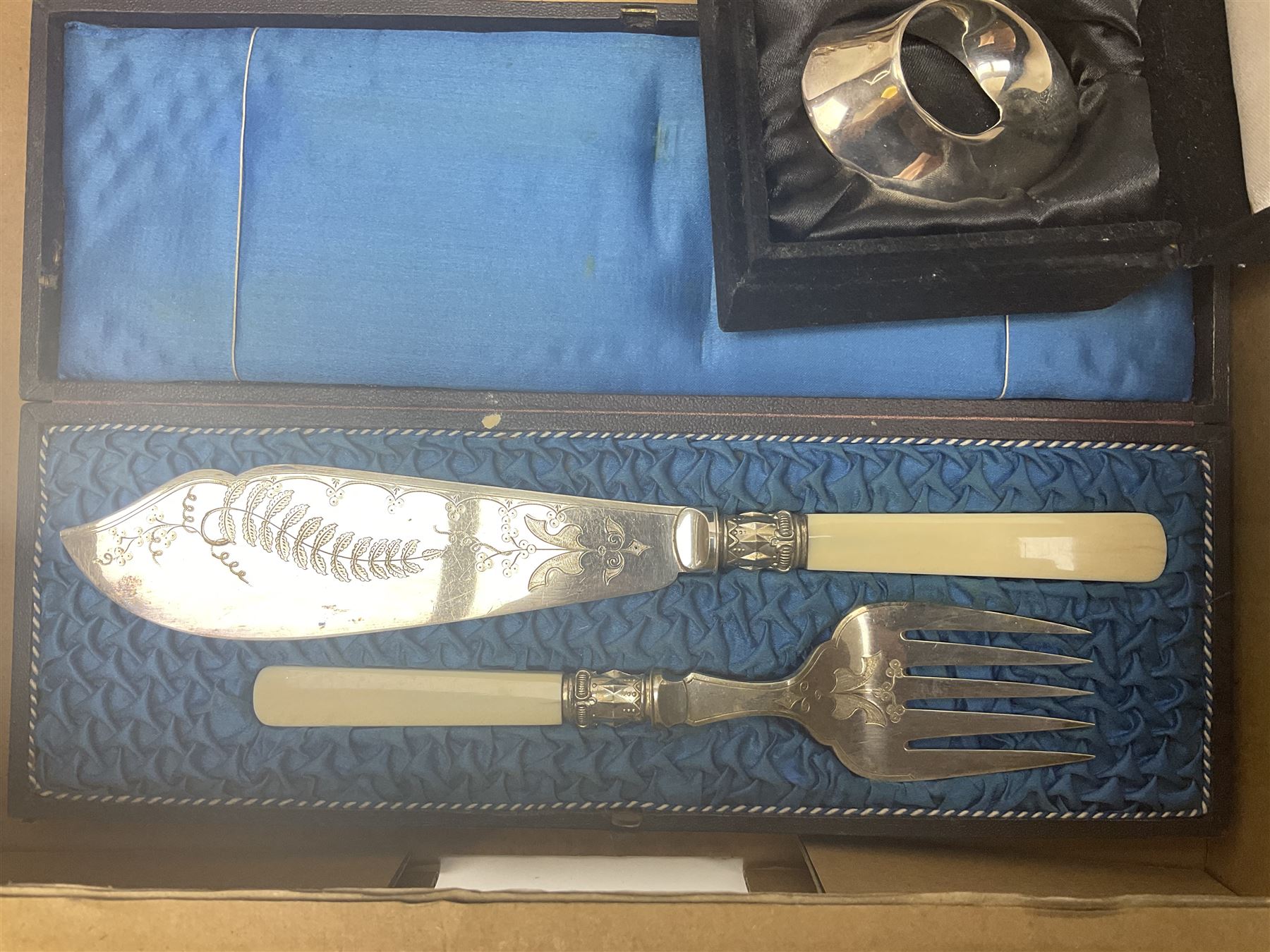 Uranium green glass vase, together with cranberry glass jug, glass dish with silver plate rim, glass cruet set etc, in two boxes 