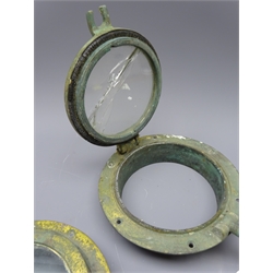  Pair of small brass single bolt portholes D20cm (2). Provenance: removed from Whitby Fishing Boat Mac W317 when converted to fishing trip boat,   