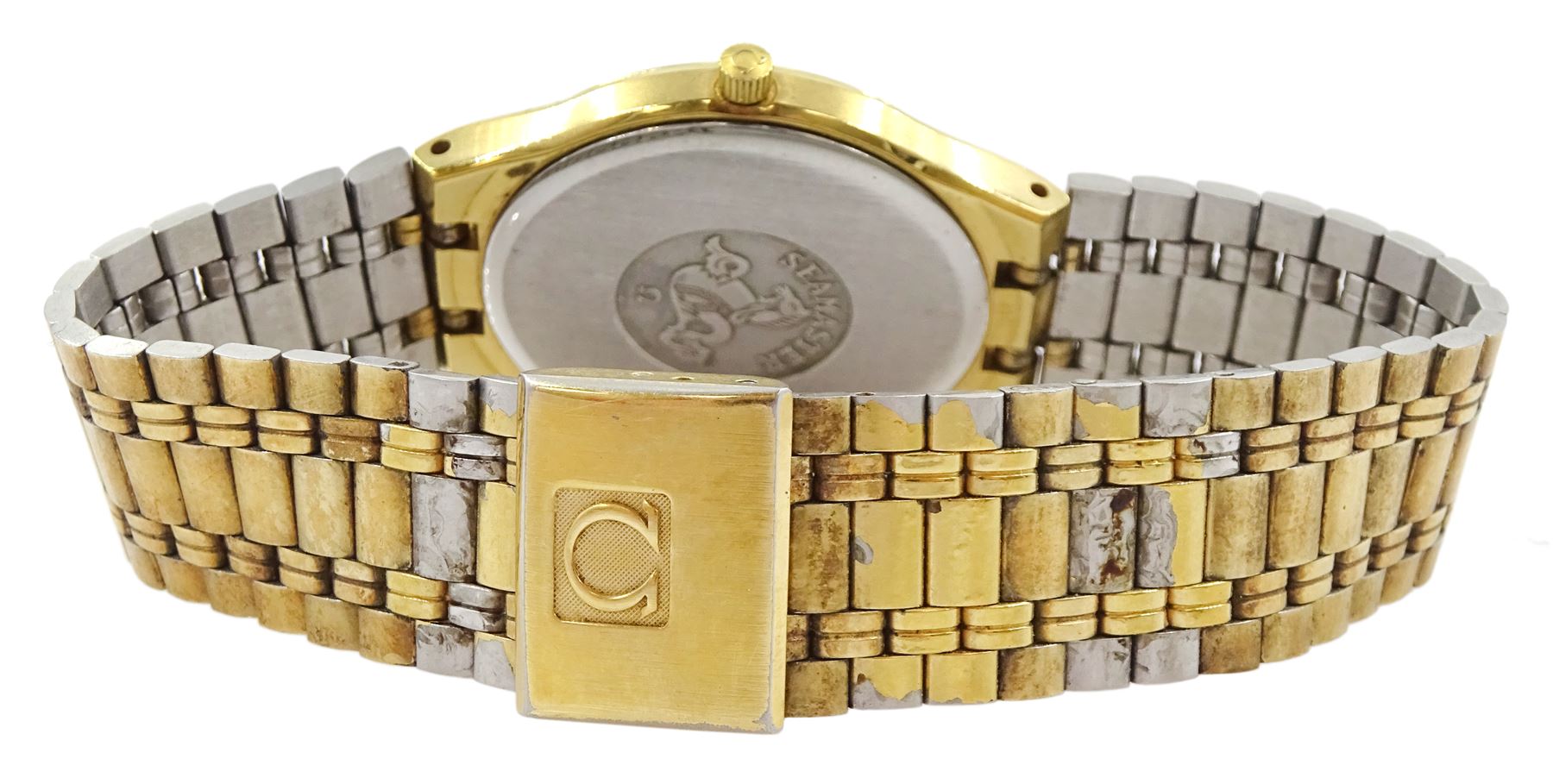 Omega gentleman's gold-plated and stainless steel quartz wristwatch, 196 0235, champagne dial with baton hour markers and date aperture, on original Omega gold-plated bracelet, with fold-over clasp