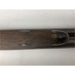 19th century John Jefferson of Scarborough 6-bore (modern 4-bore) double barrel side-by-side percussion gun, with 81cm stub twist damascus barrels (no provision for ramrod), well figured walnut stock with fine chequered grip and fore-end with horn tip and steel butt plate with long tang, well engraved lock and hammers with half-cock safeties on both sides, barrel sling swivel but rear sling swivel removed and replaced with silver escutcheon, London proofmarks, NVN, L128cm