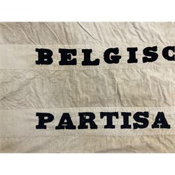 WW2 Belgian Partisan/Resistance two-sided banner embroidered in black on a cream ground 'Belgische Partisanen Korps 032 afd: Ph: De Bruyne' within a Belgian flag border; on wooden pole with gilded metal lion and laurel wreath finial