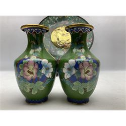 Cloisonné plate decorated with birds and flowers, together with a pair of Cloisonné vases of baluster form 