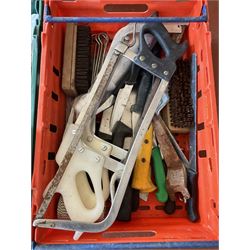Meat saws, knives and other cooking utensils in two trays - THIS LOT IS TO BE COLLECTED BY APPOINTMENT FROM DUGGLEBY STORAGE, GREAT HILL, EASTFIELD, SCARBOROUGH, YO11 3TX