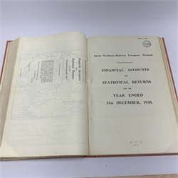 Great Northern Railway Company (Ireland) - bound volume of Director's Reports 1921 - 1951; bound with The County Donegal Railways Joint Committee Financial Accounts 1920; and The Strabane and Letterkenny Railway Company Direcctor's Reports 1920 & 1921. Red buckram binding.