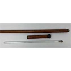 19th century malacca walking cane, the screw threaded domed cover opening to reveal vacant recess, above a further screw threaded opening revealing a removable glass vial with stopper, glass vial L41cm, cane L89.5cm