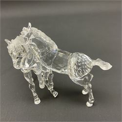 Five Swarovski Crystal horses, comprising stallion, rearing horse, pair of horses playing and Arabian stallion, each with frosted manes and tails, together with a small Swarovski Crystal galloping horse, the mane, tail and base with smoky tint