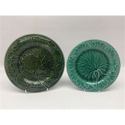 Wedgwood majolica leaf plate, together with another similar and together with a Dresden figure, etc 