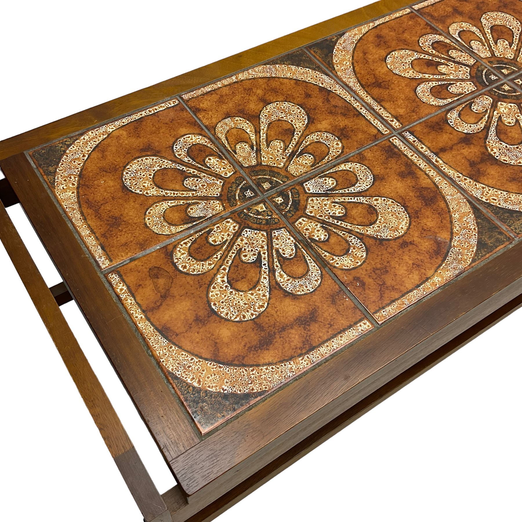 Mid-20th century teak coffee table, rectangular top with inset tiled surface over slatted undertier