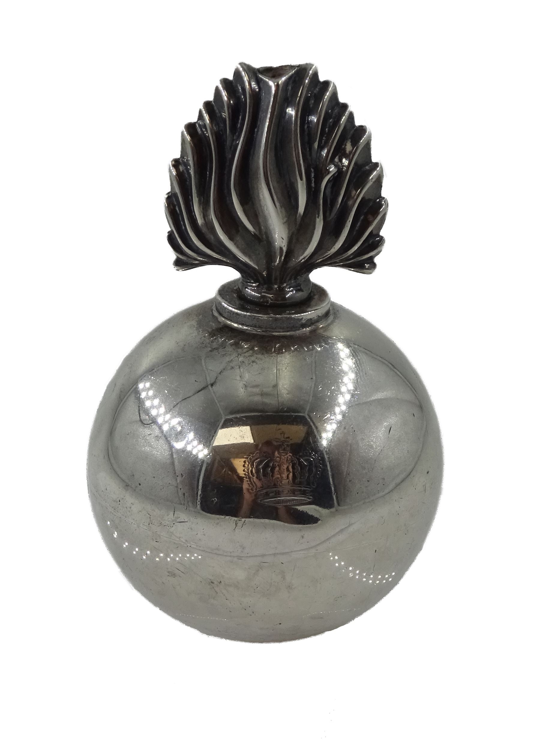 Silver table lighter in the form of a grenade, with detachable flame wick finial by William Hutton & Sons, Birmingham 1938